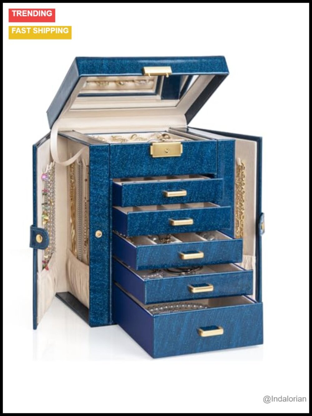 6-Tier Jewelry Box 5 Drawers Lockable Organizer Mirror Velvet Lining